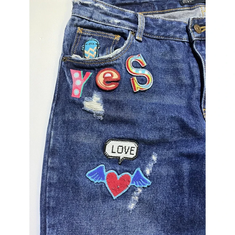 Zara Trafaluc Kids Distressed Patch Jeans Blue Denim Size 4 26 Medium Wash
